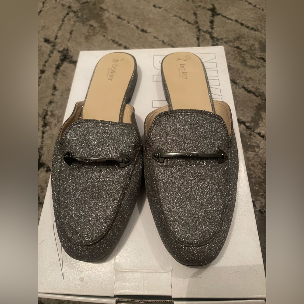 Botkier Mules Womens Silver Sparkle Horsebit Loafer Slides Size 9